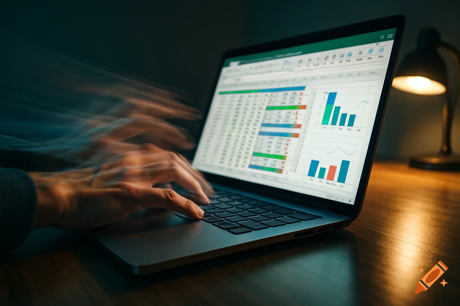 Hands typing quickly on a laptop displaying an Excel spreadsheet with charts, on a dimly lit desk.