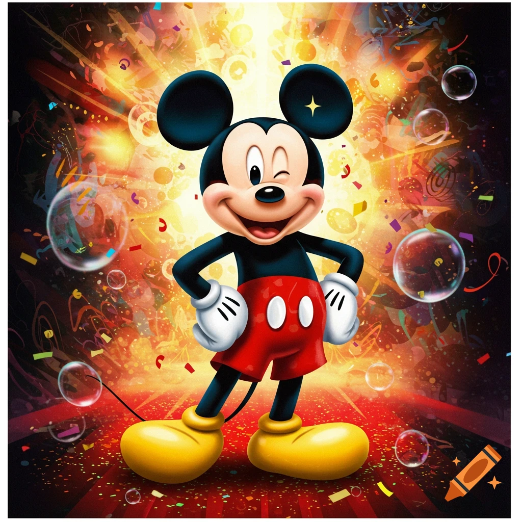 Mickey Mouse winks with hands on hips, standing on a red floor amidst colorful confetti and bubbles against an explosive, vibrant background.
