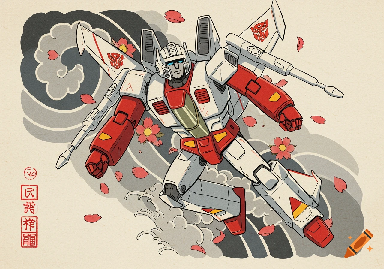Jetfire, a white and red robot from Transformers, in a traditional Japanese Irezumi tattoo style, soaring amidst cherry blossoms and stylized waves.