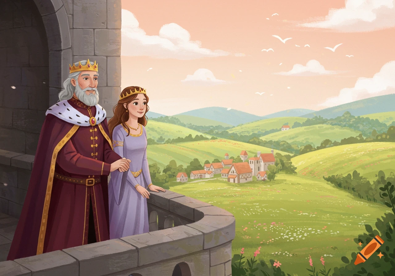 A cartoon king and queen stand on a castle balcony overlooking a peaceful medieval village and rolling green hills. Birds fly in the sky.