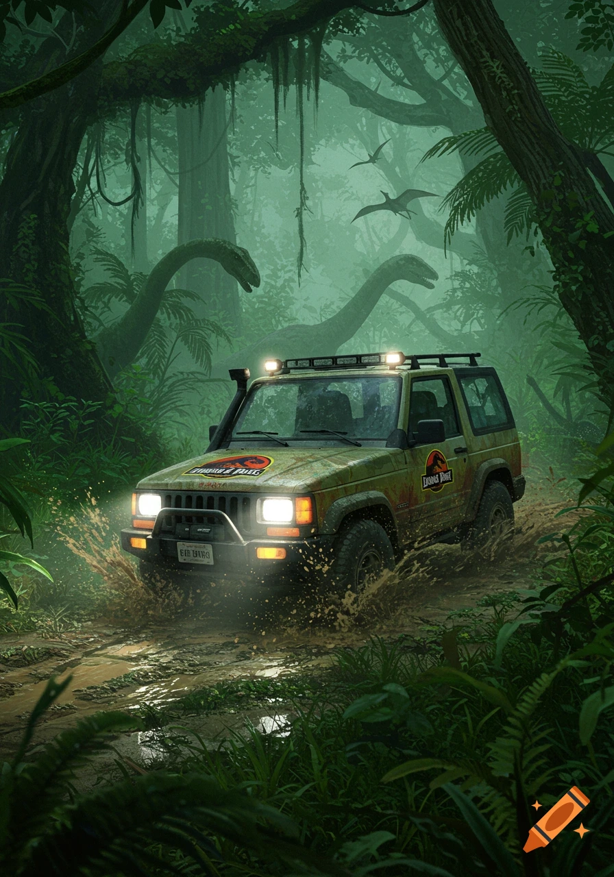 A Jurassic Park jeep drives through a muddy jungle path, with large dinosaurs and flying pterosaurs in the misty background.