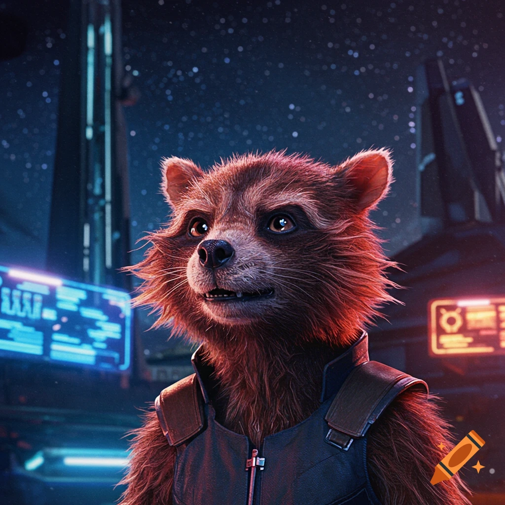 Close-up photorealistic portrait of Rocket Raccoon looking up in a futuristic space setting with glowing blue and orange screens.