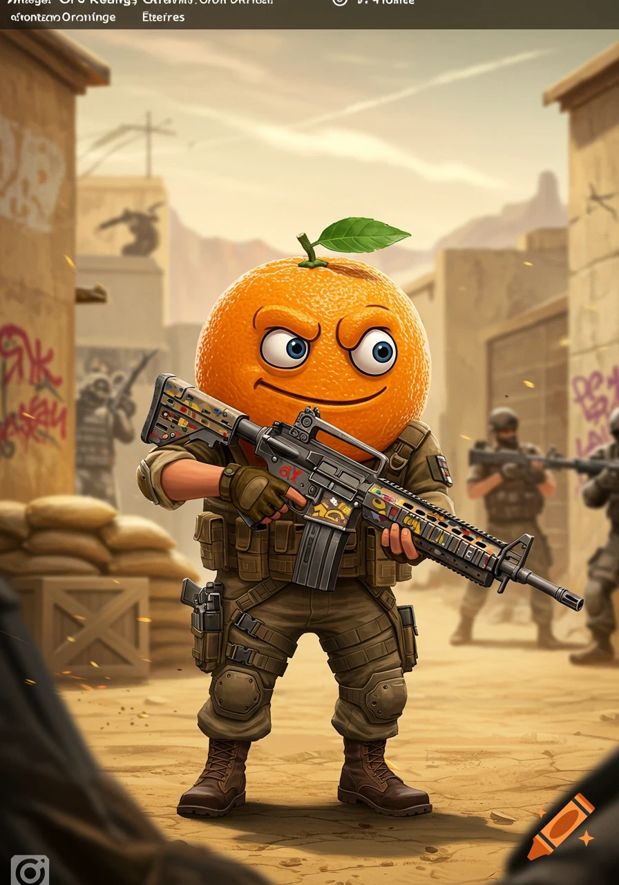 A cartoon orange character wearing military fatigues and holding a rifle stands in a dusty, war-torn alley with graffiti walls and other soldiers in the background.