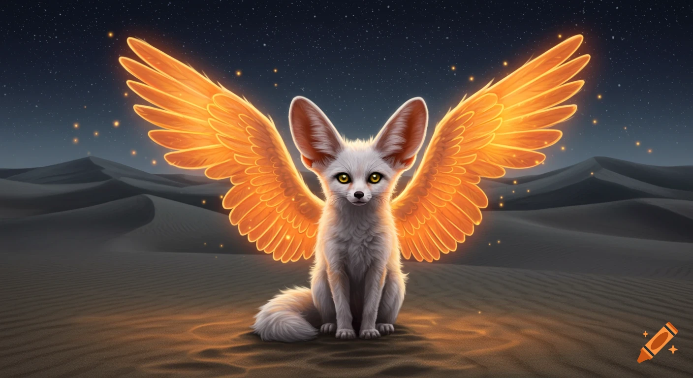 A white fennec fox with bright yellow eyes and glowing orange wings sits in a desert at night, in a detailed and vibrant art style.