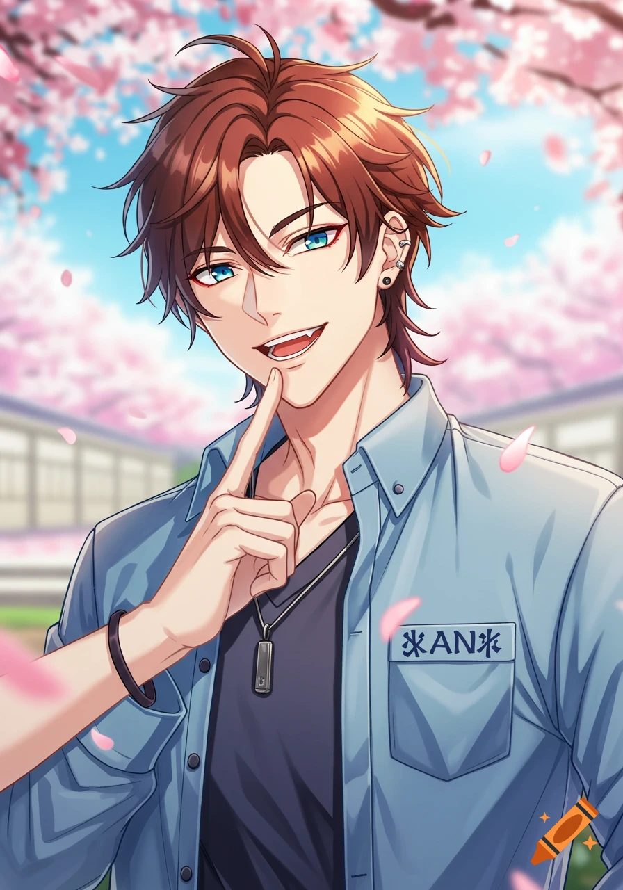 An anime male character with brown hair and blue eyes smiles under cherry blossoms, wearing a blue shirt.
