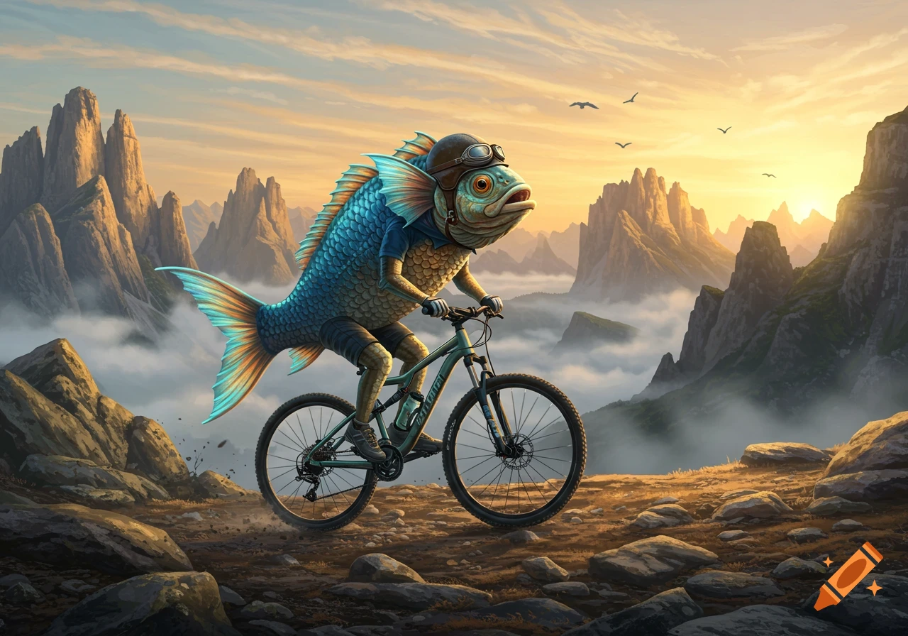 A fish-like creature with human legs and arms wearing a helmet and riding a mountain bike on a rocky mountain path at sunset.