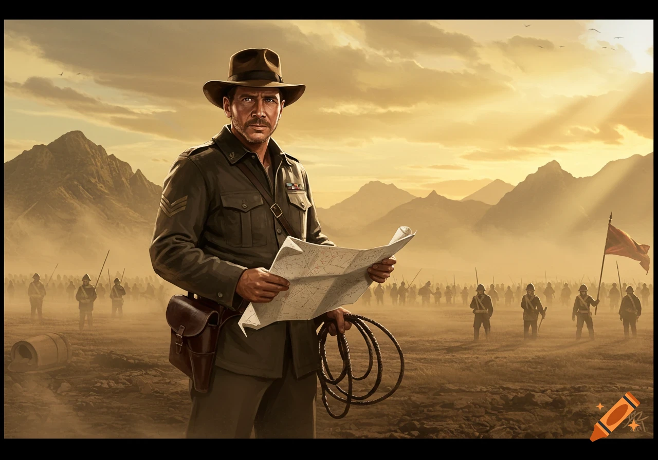 Indiana Jones, dressed as a general, stands in a desert holding a map and whip, with an army in the background at sunset, in a digital painting style.