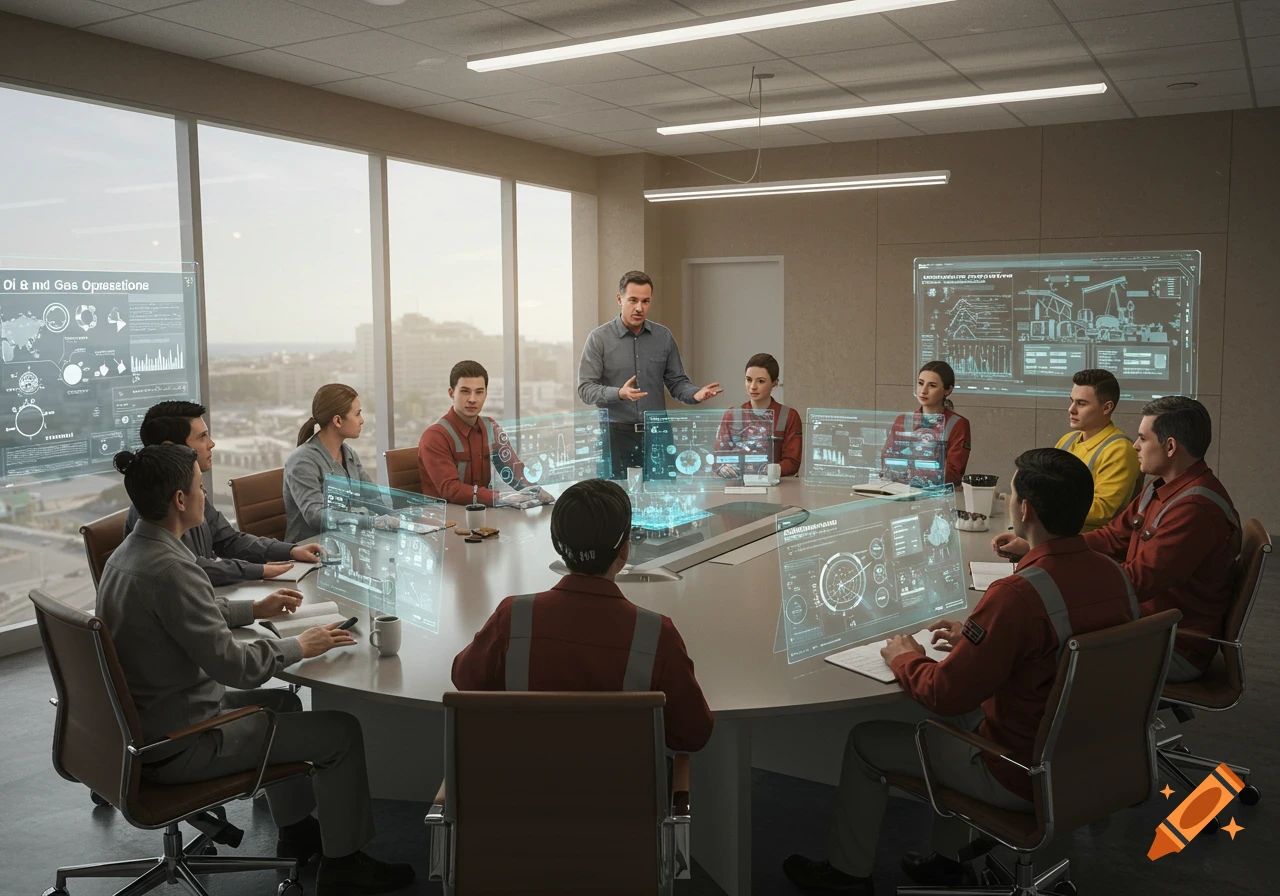 A man presents in a modern meeting room with holographic displays and a large screen displaying charts and diagrams to a group of people in work uniforms.