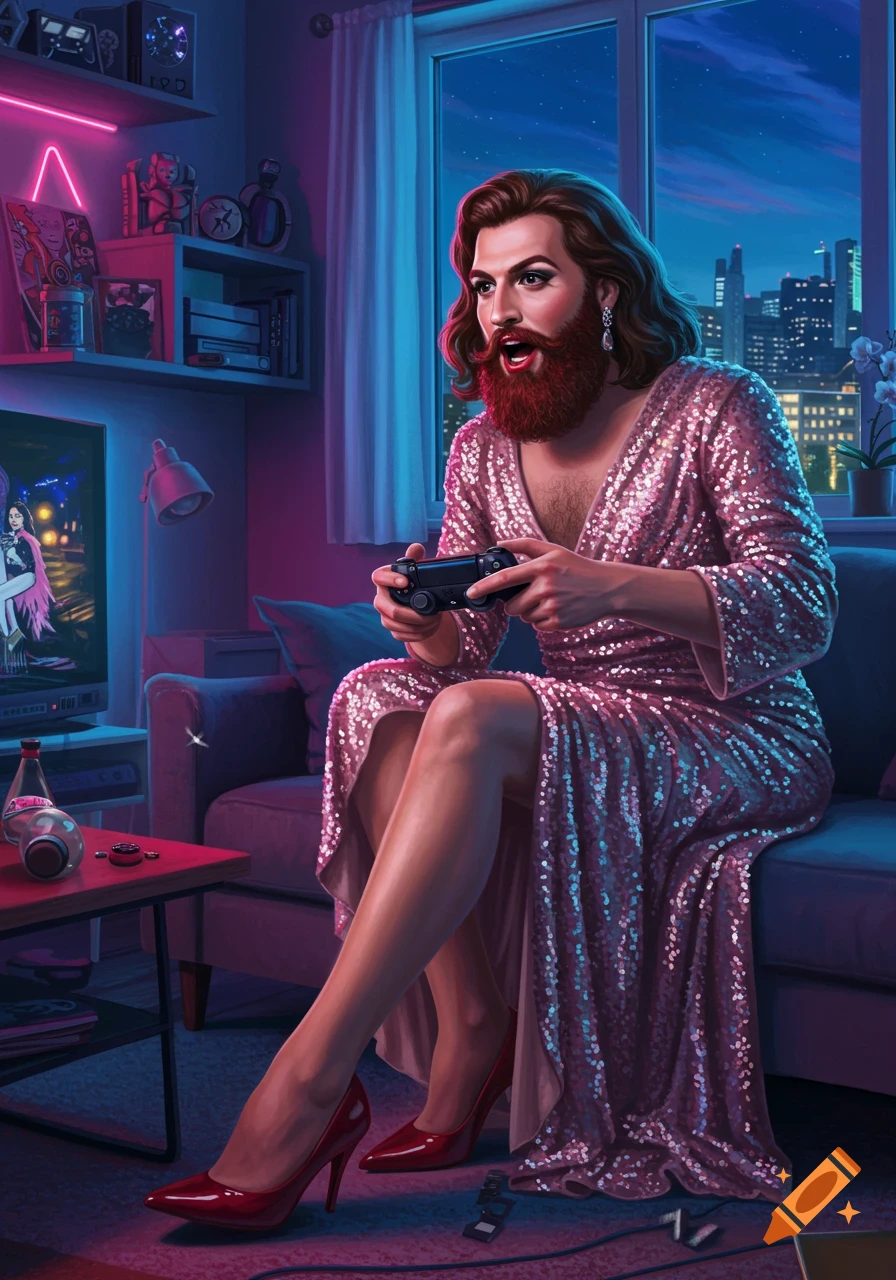 A bearded person in a sparkly pink dress and red heels plays a video game in a neon-lit room at night.