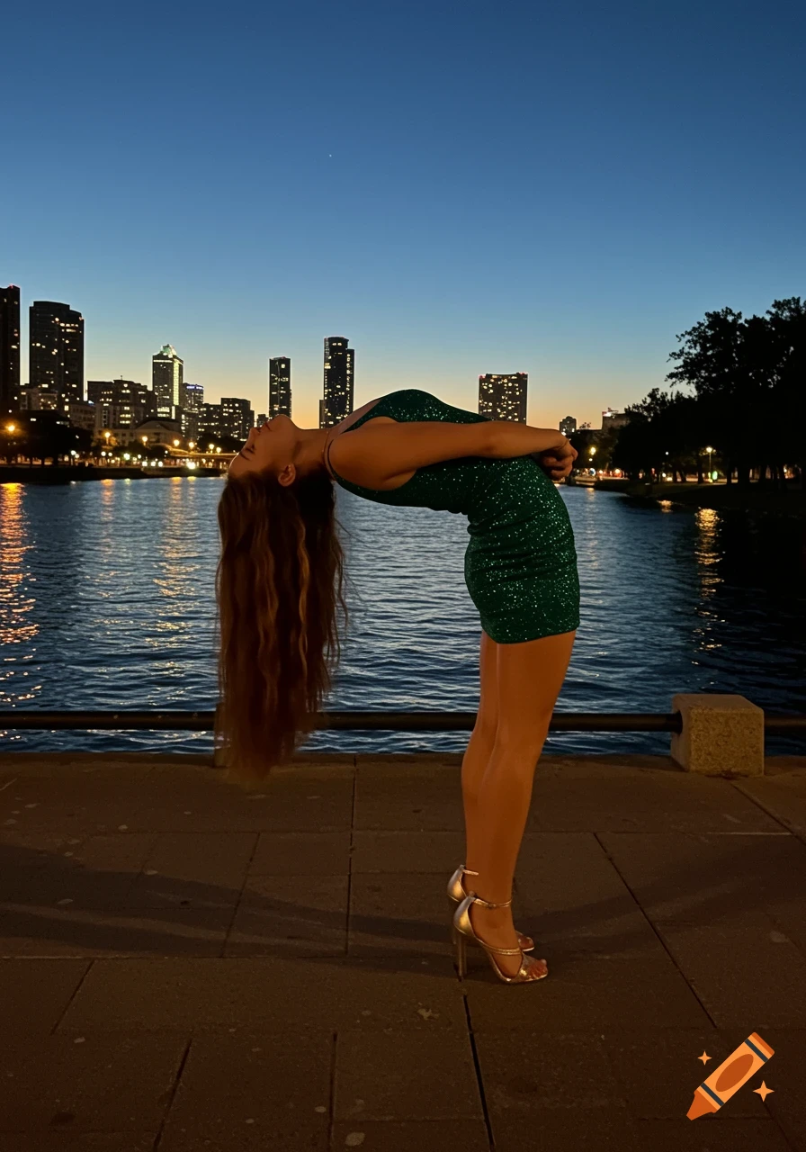 Young lady in a green sequined mini-dress and silver heels bowing deeply, with a city skyline and water at dusk in the background.