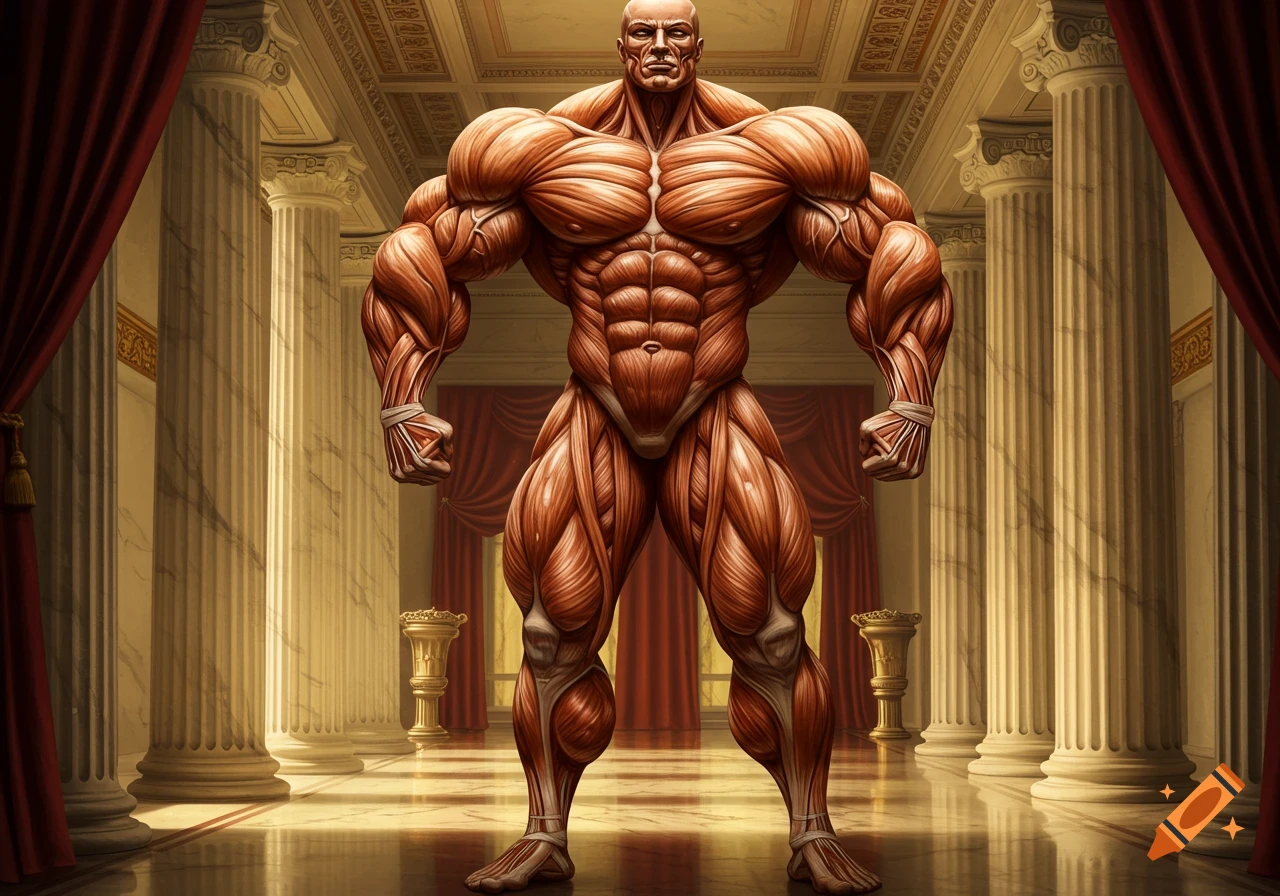 Anatomical rendering of a muscular man in a classical hall with columns and red drapes.