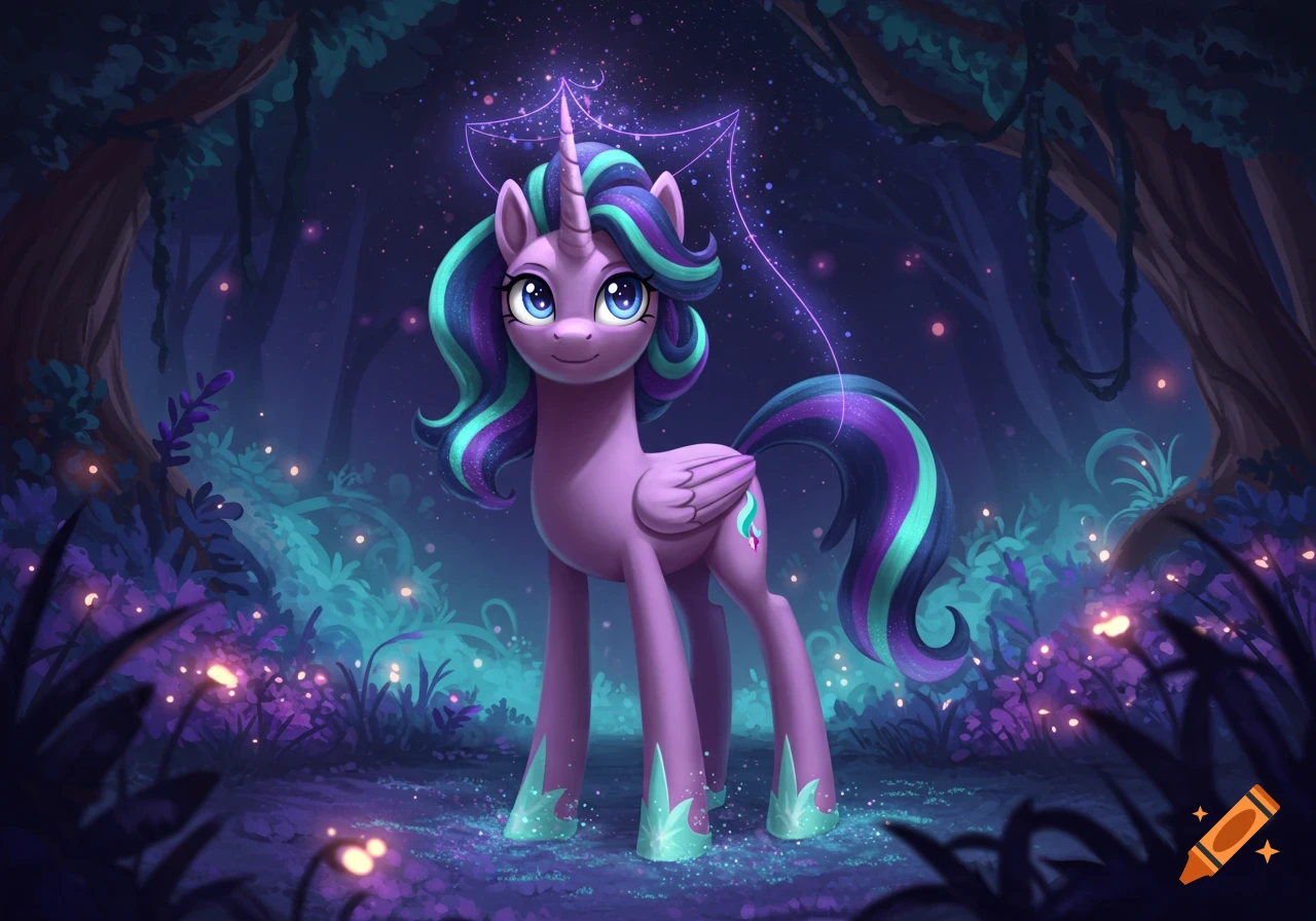 A purple unicorn with blue and purple mane and tail stands in a mystical, glowing dark forest.