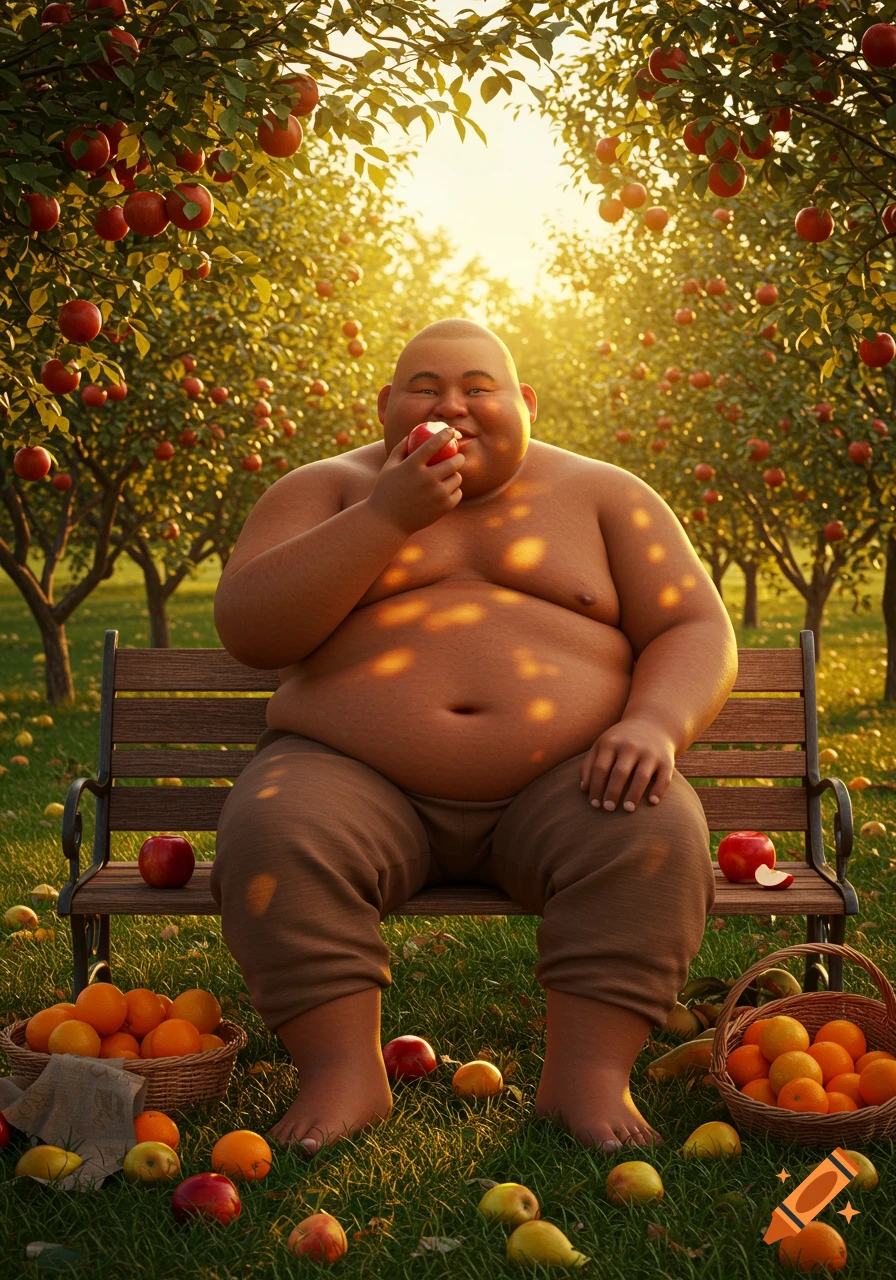 A very obese man sits on a bench in a sunny apple orchard, eating an apple. Baskets of fruit are on the ground.
