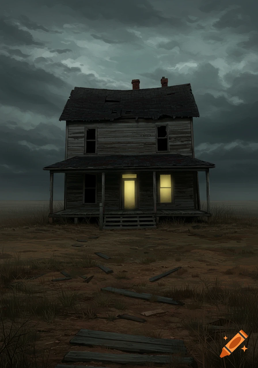 An old, dilapidated house with glowing windows under a dark, stormy sky in a desolate field, evoking a creepy mood.