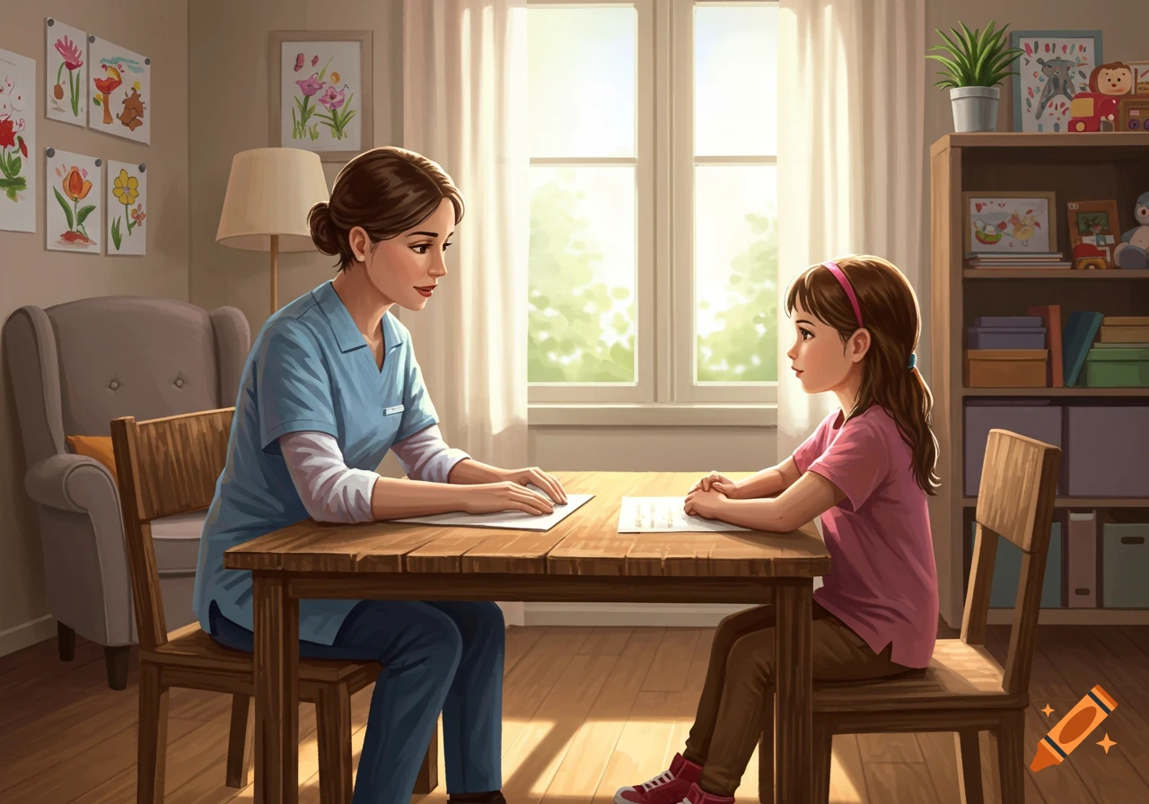 An illustration of a woman, possibly a therapist, and a child sitting across from each other at a wooden table in a bright room.