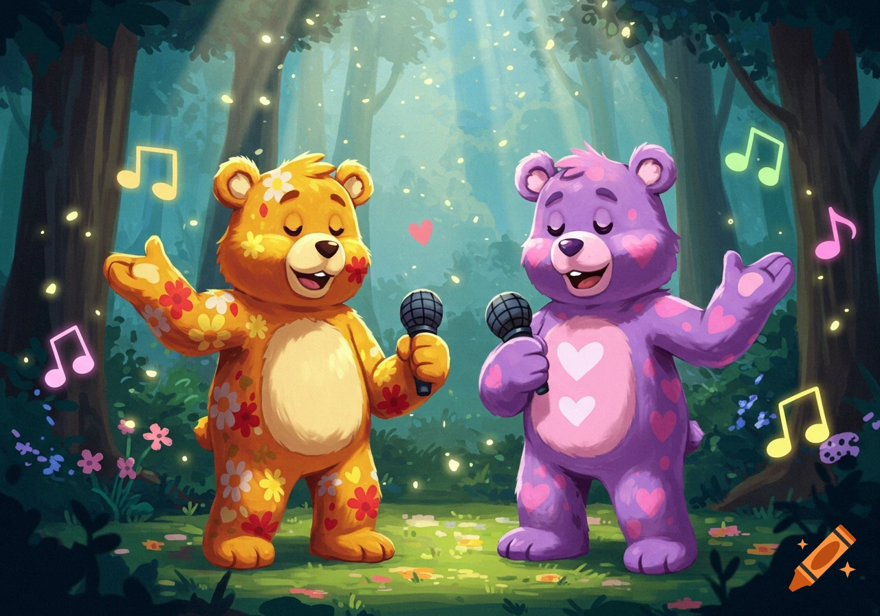Two cheerful cartoon bears, one orange with flowers and one purple with hearts, sing into microphones in a magical forest with glowing musical notes.