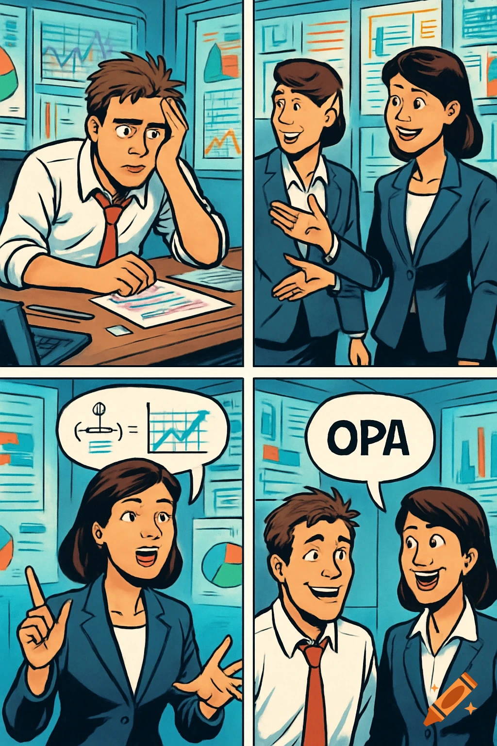 A four-panel comic strip showing a man looking confused at a desk with charts, then talking to a woman, followed by the woman explaining a solution with a graph, and finally both smiling with 'OPA' in a speech bubble.