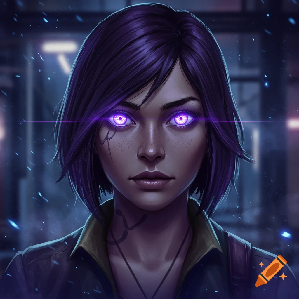 Digital art portrait of a woman with short dark purple hair and glowing bright purple eyes, with facial markings, looking forward in a dark setting.