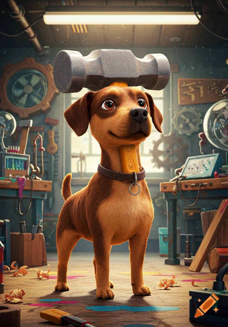 A cute brown dog balancing a large hammer on its head in a cluttered workshop filled with tools.
