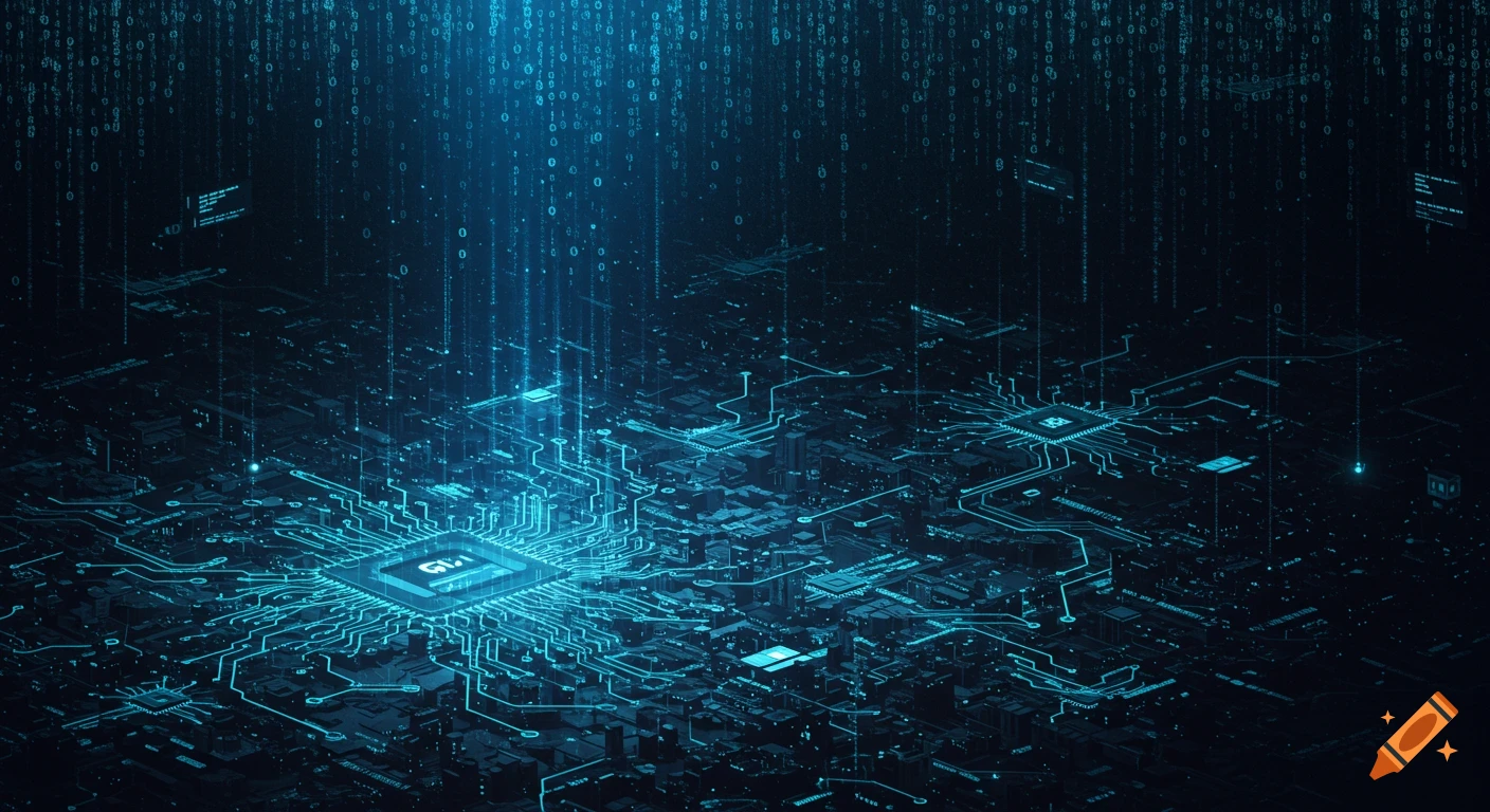 A glowing blue circuit board with a central chip and intricate pathways, under a rain of binary code, symbolizing technology and AI.