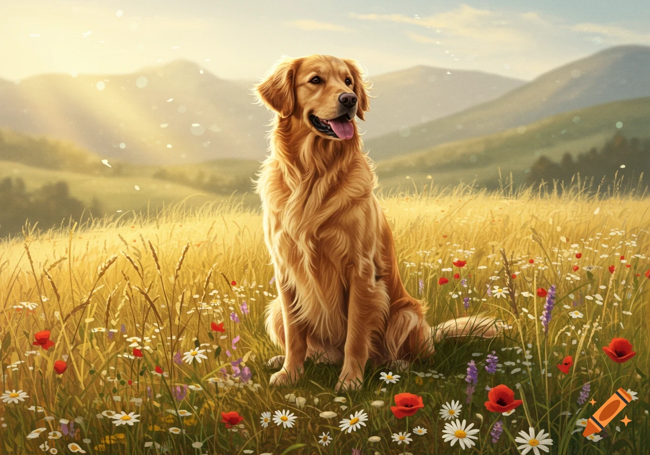 A golden retriever sits in a field of wildflowers with mountains in the background, bathed in golden sunlight.