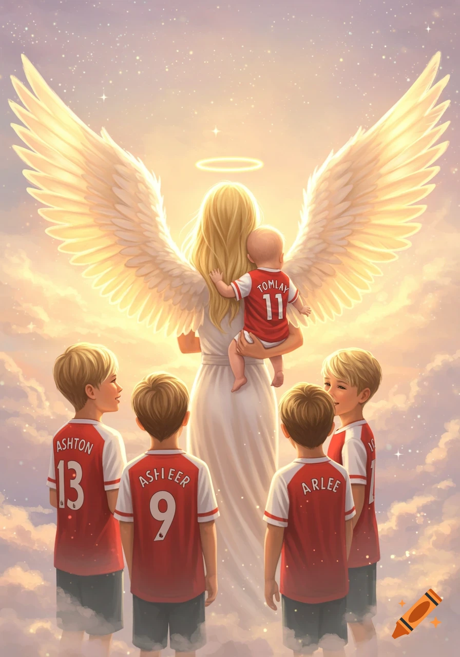 A blonde woman with angel wings and a halo, seen from behind, holds a baby in a red jersey, while four young boys in matching red jerseys look up at her amidst a starry, cloud-filled sky.