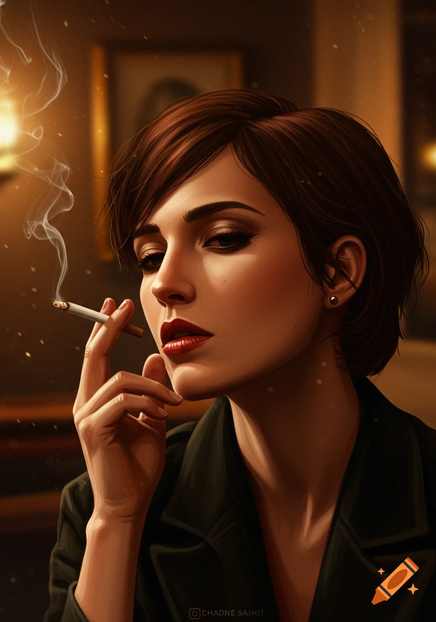 Digital art portrait of a short-haired brunette woman with smoky eyes, red lips, holding a lit cigarette with smoke in a dimly lit room.