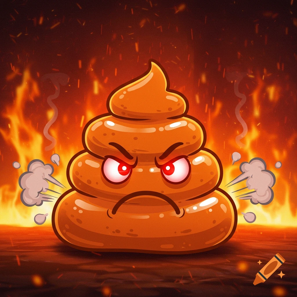 An angry cartoon poop emoji with glowing red eyes and steam puffing from its sides, set against a fiery background.