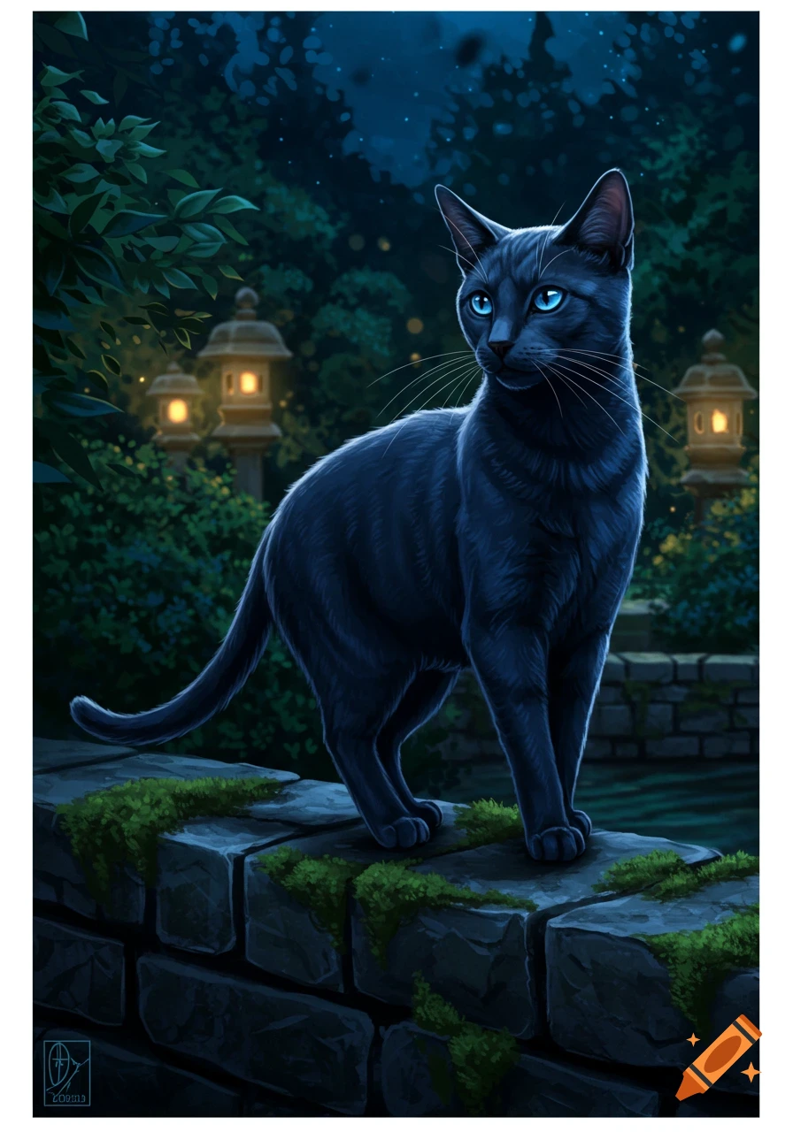 A black cat with luminous blue eyes stands on a mossy stone wall in a dark garden lit by glowing lanterns, digital painting style.