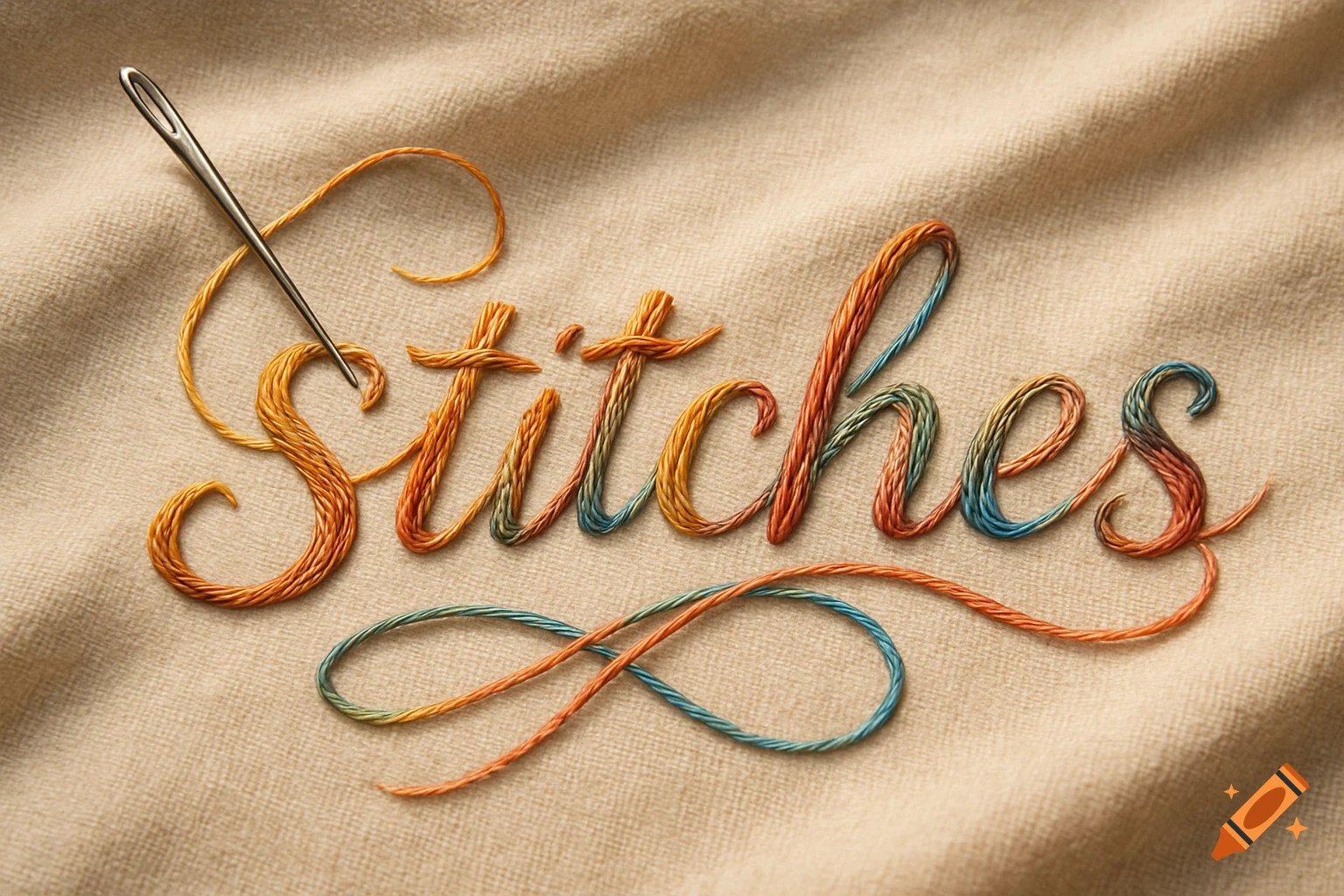 The word 'Stitches' embroidered with colorful thread on beige fabric, with a needle on the 'S'.