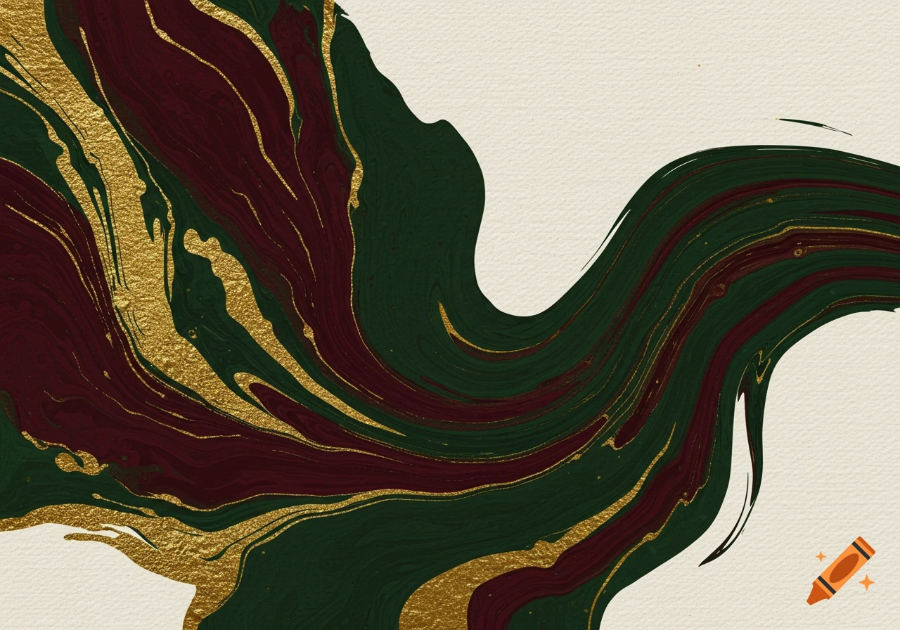 Abstract background with swirling patterns of dark green, deep red, and metallic gold on a textured cream surface.