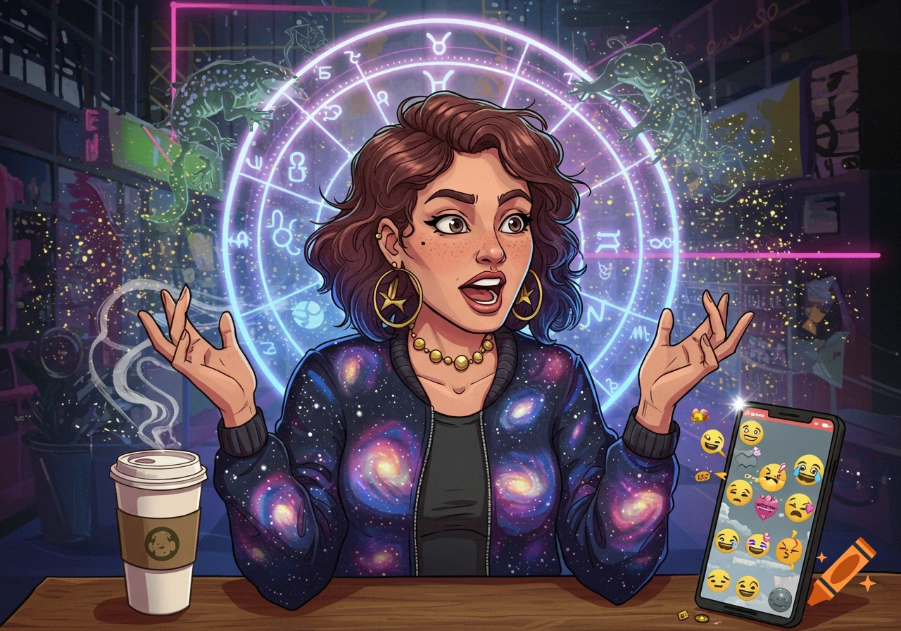 A cartoon woman in a galaxy jacket with astrological symbols, coffee, and a phone displaying emojis.