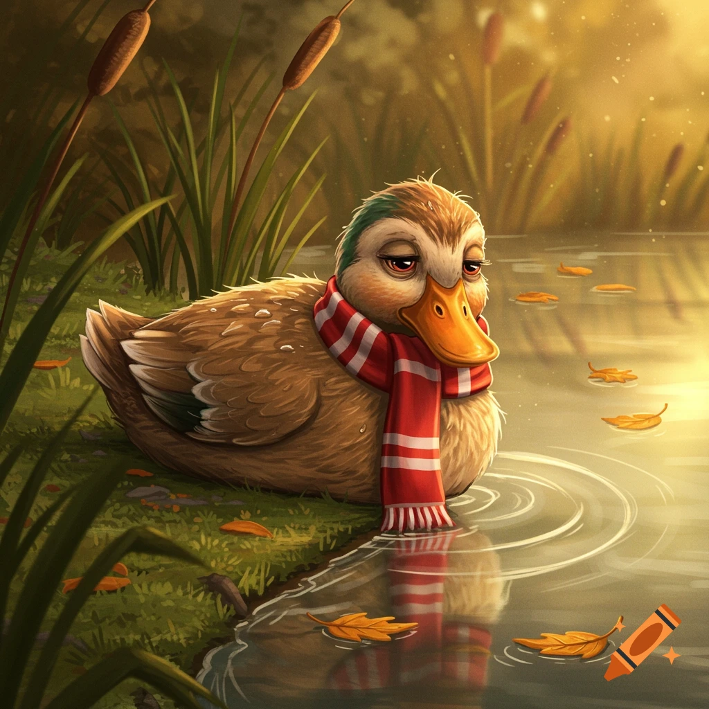 A brown duck wearing a red and white striped scarf sits by a sunlit pond with autumn leaves floating on the water.