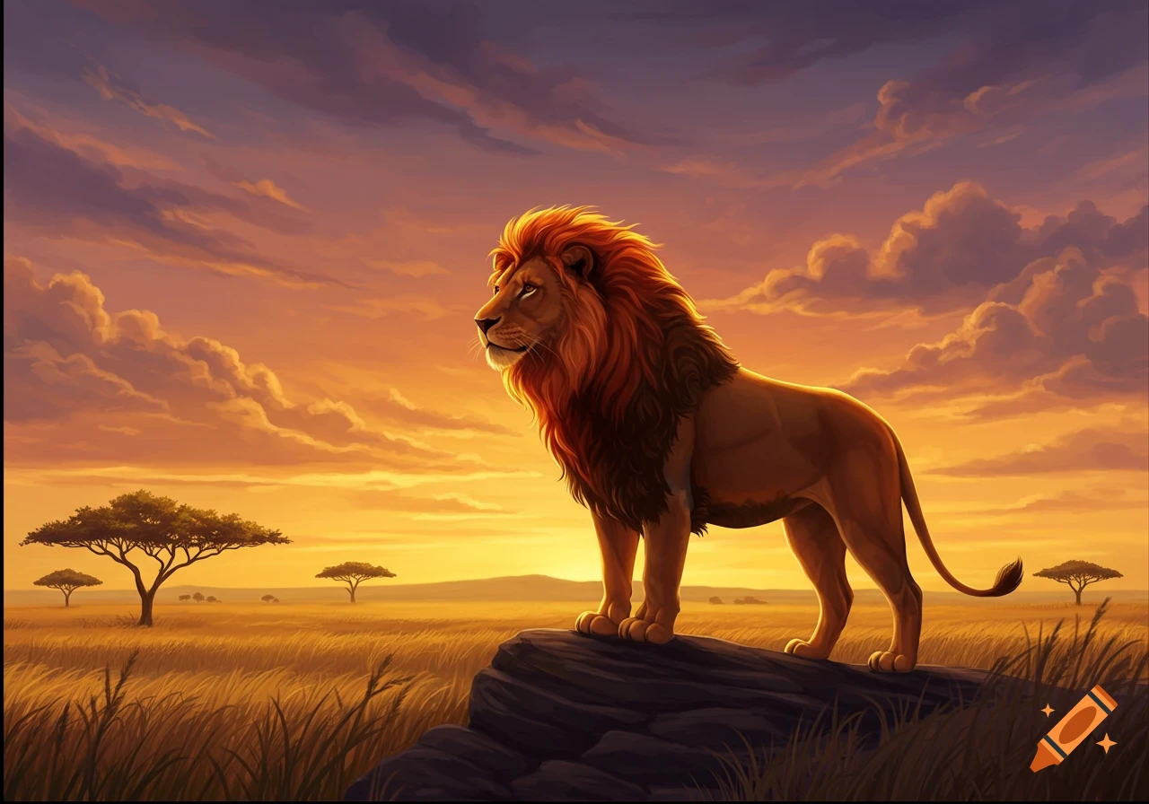 Majestic lion standing on a rock in a savanna landscape at sunset, digital illustration.