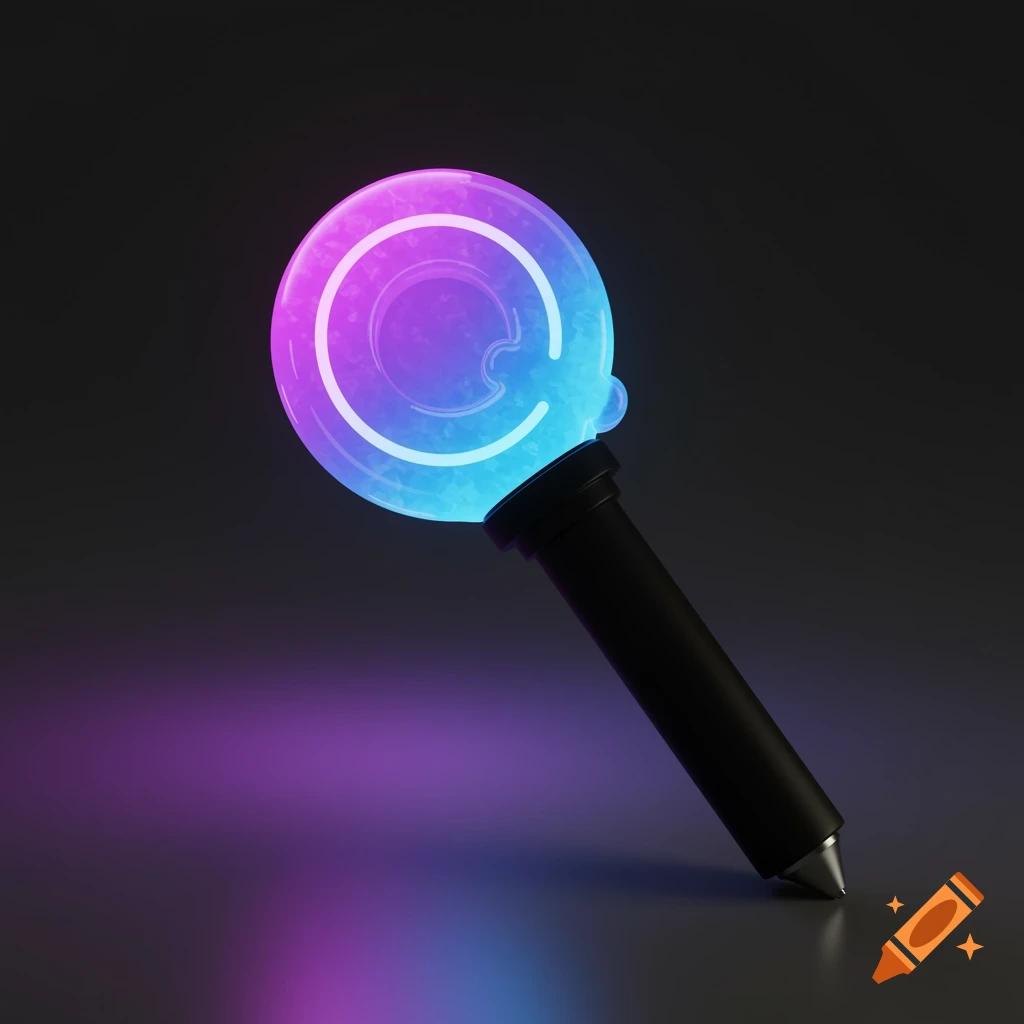 A glowing futuristic wand with a black handle and a transparent orb featuring a stylized 'Q'. It glows with neon purple and icy blue light.