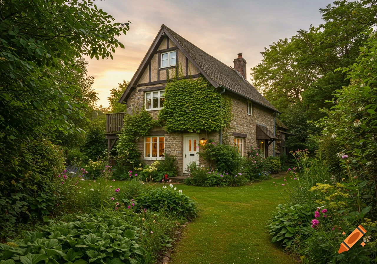 A charming stone cottage with a steep roof and ivy, surrounded by a lush green garden with flowers, under a warm sunset sky.
