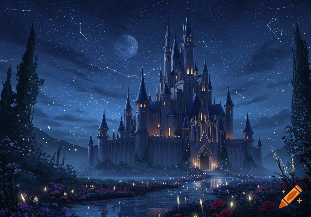A majestic fantasy castle glows under a starry night sky with a large moon and constellations, surrounded by a luminous garden and a calm stream.