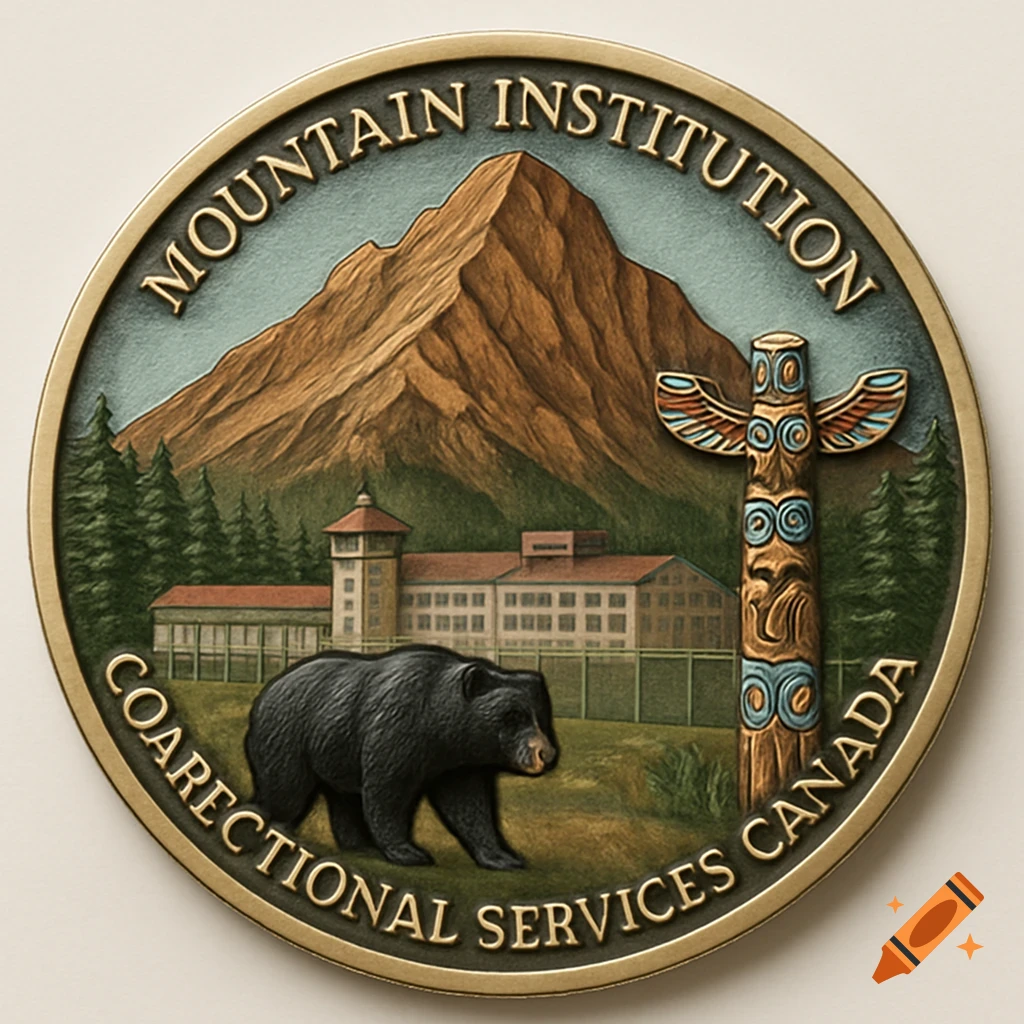 A bronze coin with a mountain, a prison, a black bear, and a totem pole. Text reads 'Mountain Institution' and 'Coarectional Services Canada'.