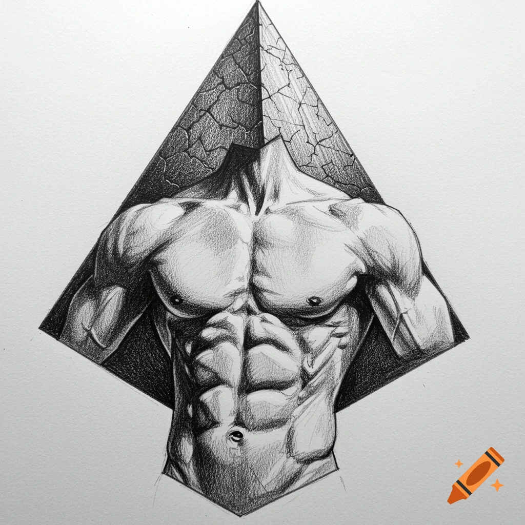 Pencil sketch of a muscular male torso with a cracked pyramid for a head.
