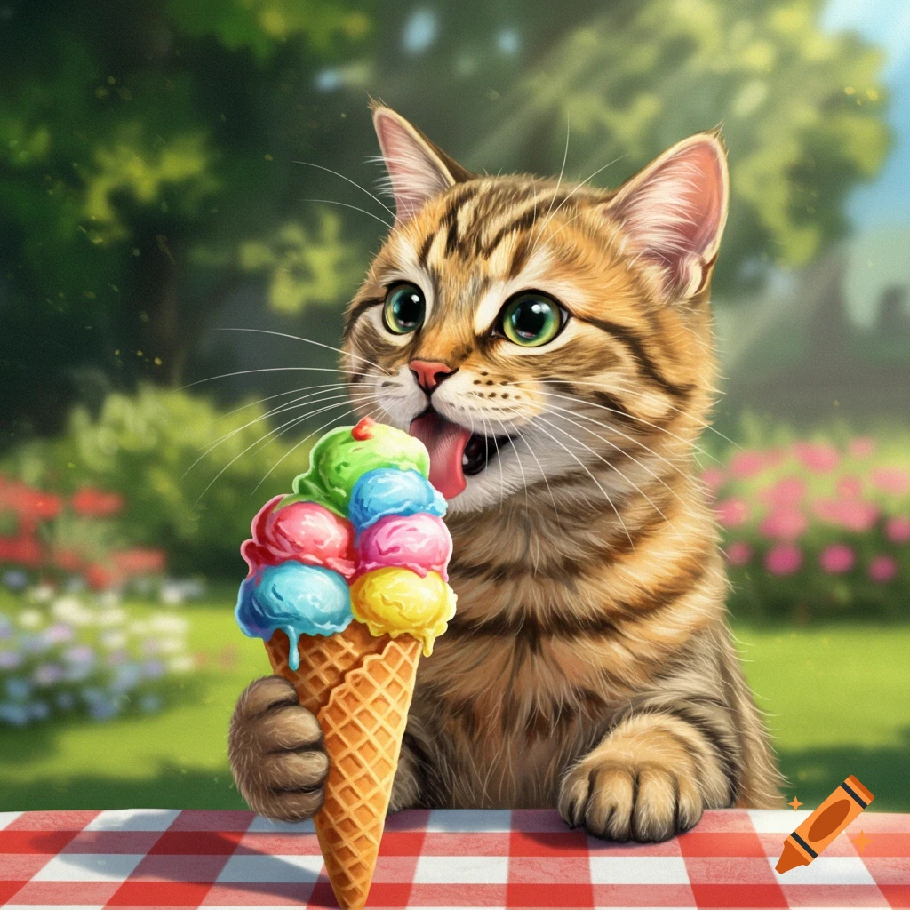 A cute tabby cat enthusiastically licks a colorful ice cream cone at a red checkered picnic table outdoors.