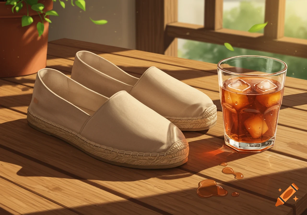Beige espadrille shoes and iced tea on a sunlit wooden table outdoors, with falling leaves.