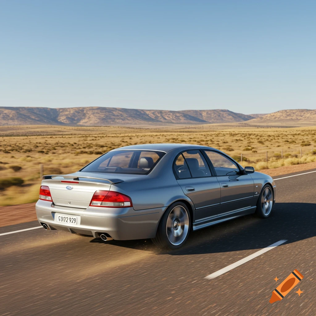 A silver Ford AU Falcon drives on a desert road with mountains in the background under a clear sky.