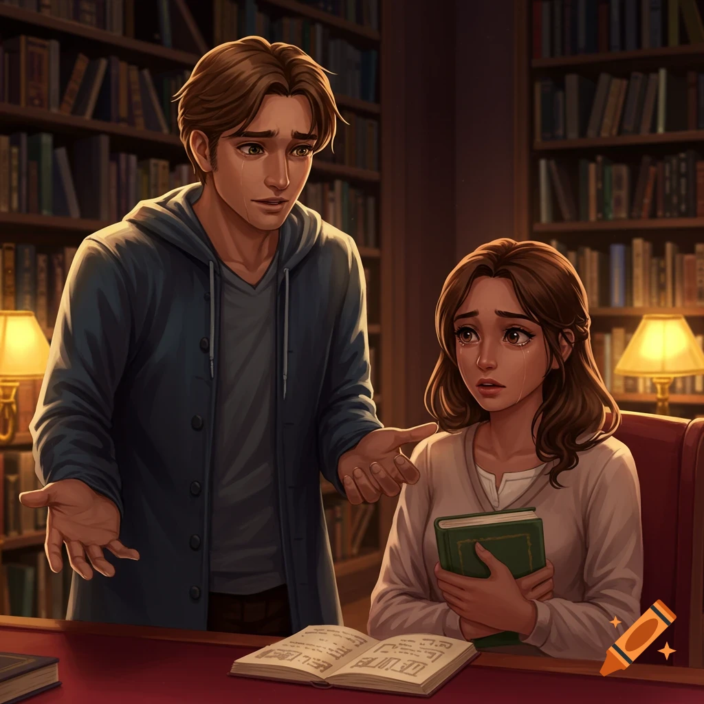 An anime-style illustration of a crying woman holding a book and a man with open hands looking sad, in a library.