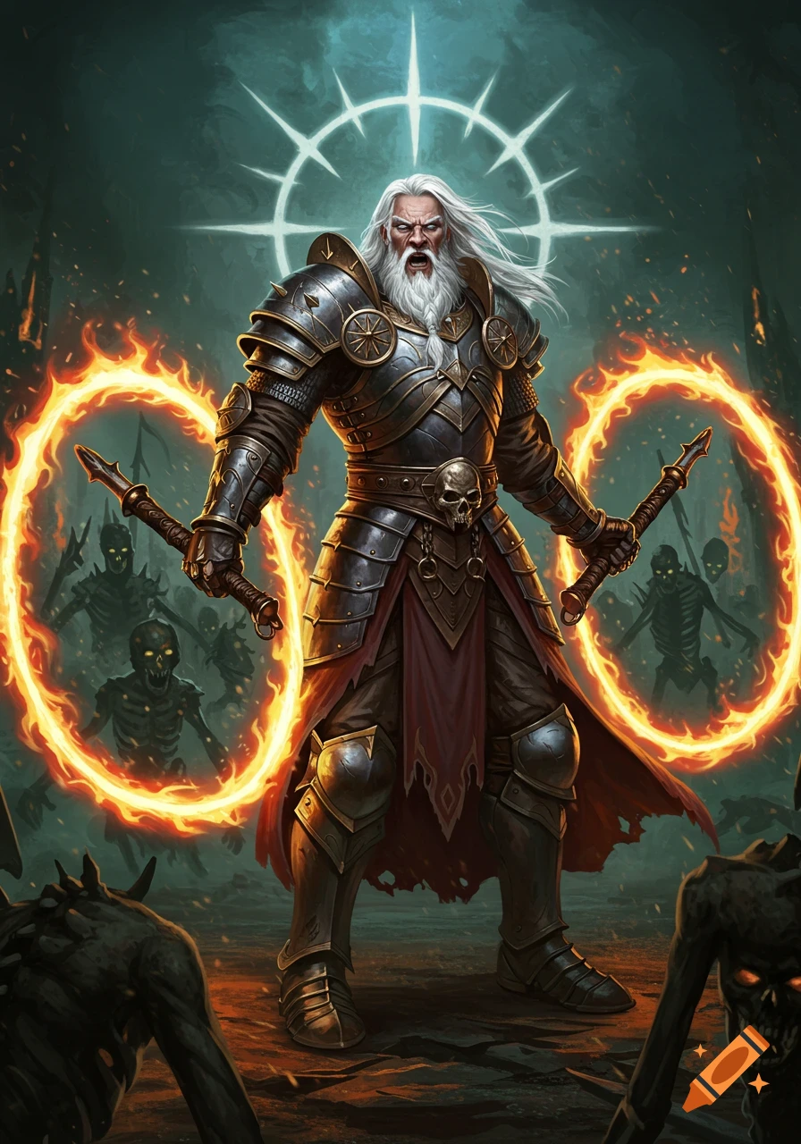 A powerful paladin with white hair and beard, in dark armor, stands amidst skeletons wielding flaming whip-like circles, under a glowing aura.