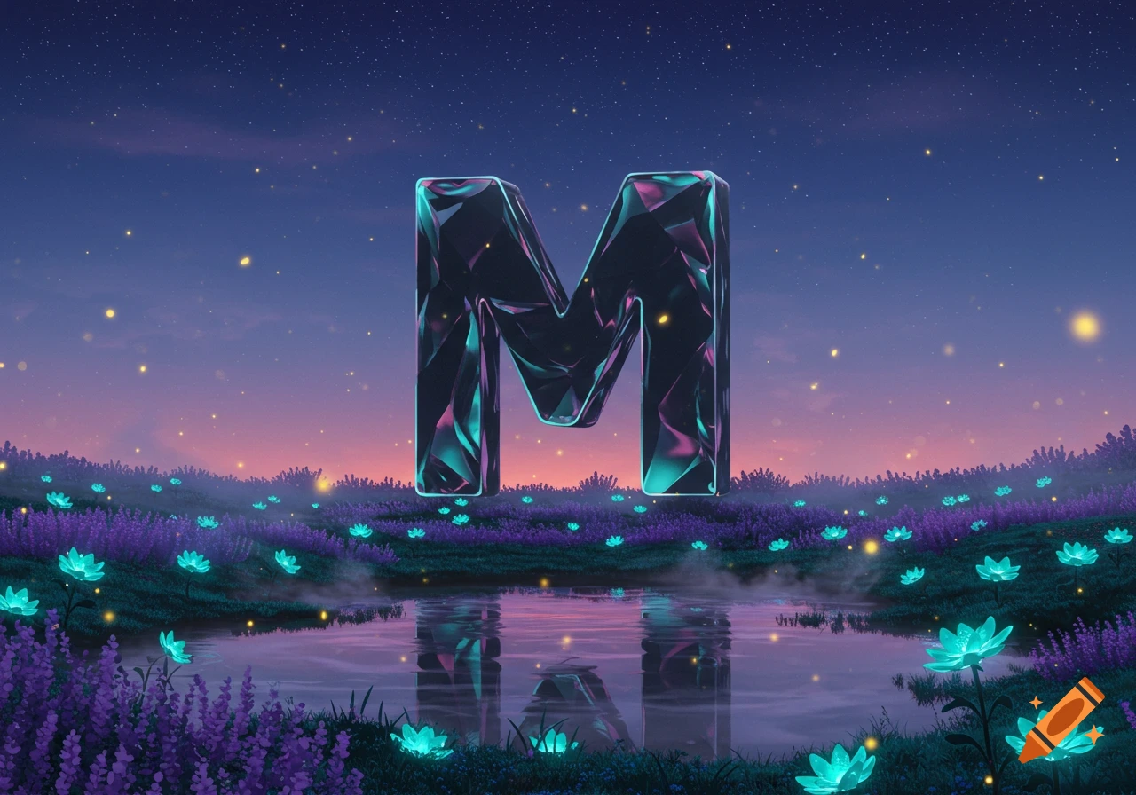 A large, faceted letter M stands in a magical landscape with glowing blue flowers, a reflective lake, and a starry purple and pink sky.