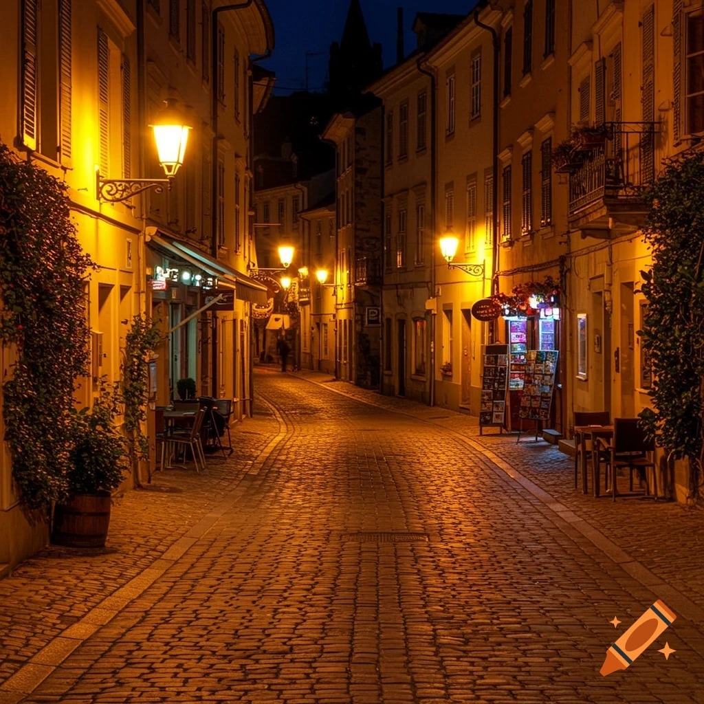 A narrow cobblestone street at night, illuminated by warm yellow streetlights and storefront lights on the buildings lining both sides.