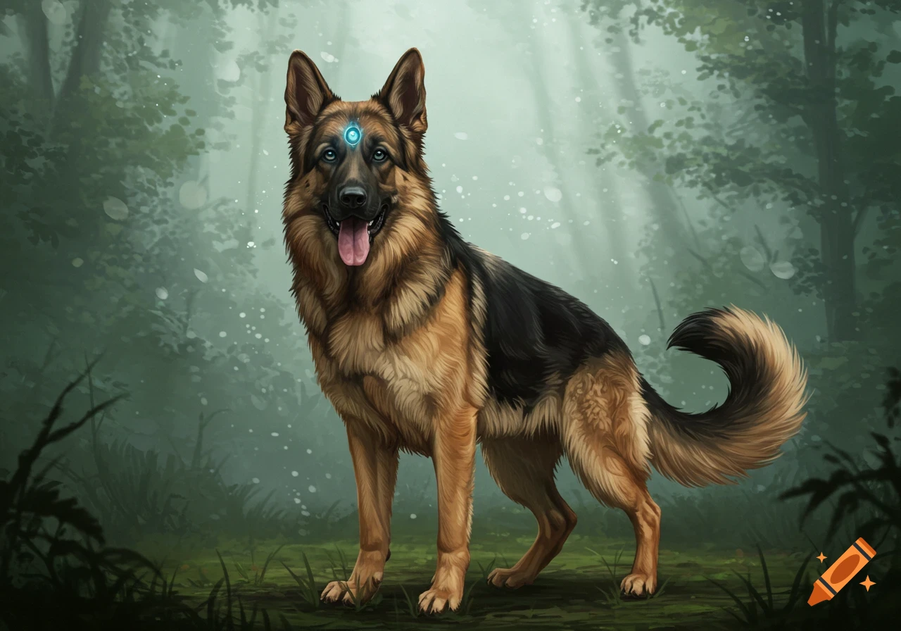 A majestic German Shepherd with a glowing blue orb on its forehead stands in a misty, enchanted forest, looking forward with its mouth slightly open.