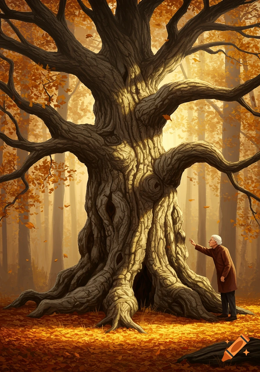 An old person touches a large, gnarled tree with autumn leaves falling around them in a golden, illustrative forest.