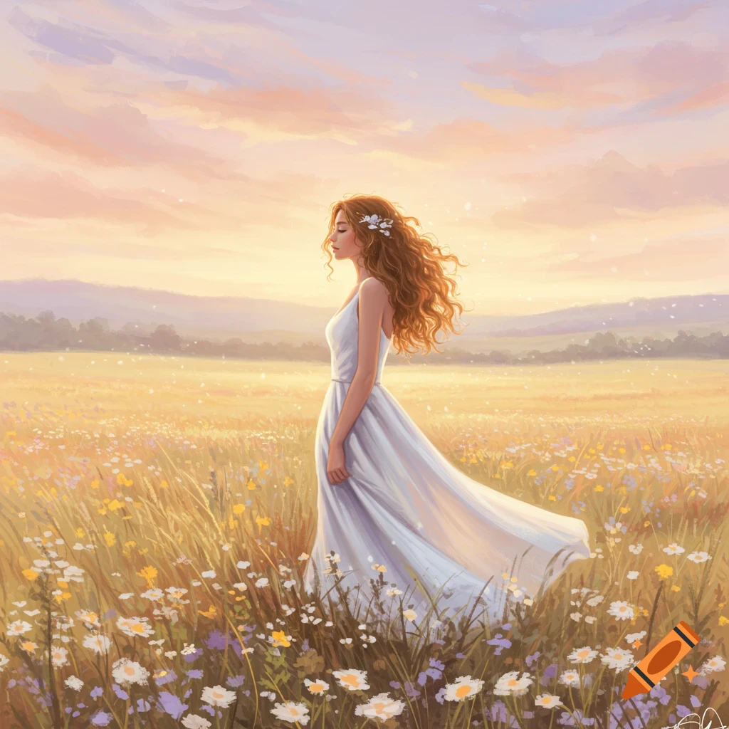 A woman with flowing red hair in a white dress stands gracefully in a golden field of wildflowers at sunset, digital painting.