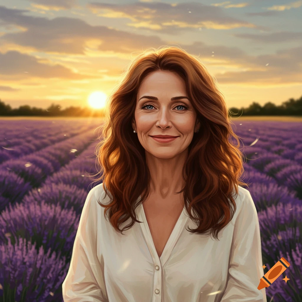 A smiling middle-aged woman with reddish-brown hair and blue eyes stands in a vibrant lavender field at sunset.